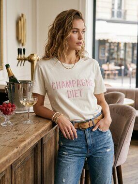 Zutter Champagne Diet Graphic Tee Cream Pink Distressed Cotton Shirt Small